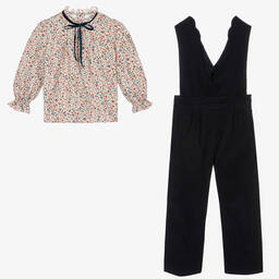 Kidiwi-Girls Navy Blue & Ivory Dungaree Set | Childrensalon Outlet