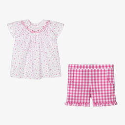 Kidiwi-Girls Pink Cotton Checked Shorts Set | Childrensalon Outlet