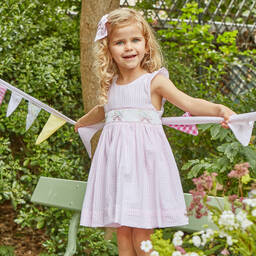 Kidiwi-Girls Pink & White Cotton Smocked Dress | Childrensalon Outlet