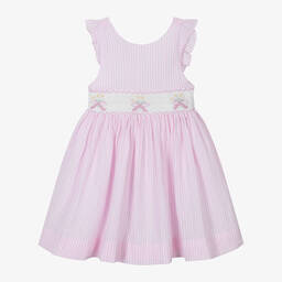 Kidiwi-Girls Pink & White Cotton Smocked Dress | Childrensalon Outlet