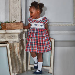 Kidiwi-فستان مطرز سموكينغ قطن تارتان لون أحمر | Childrensalon Outlet