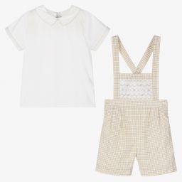 Kidiwi-طقم دانغريز أطفال ولادي قطن سموكينغ لون بيج وأبيض | Childrensalon Outlet