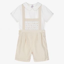 Kidiwi-طقم دانغريز أطفال ولادي قطن سموكينغ لون بيج وأبيض | Childrensalon Outlet