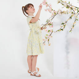 Kidiwi-فستان سموكينع قطن لون أصفربطبعة ورود | Childrensalon Outlet