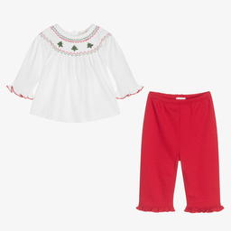 كيسي كيسي-طقم بنطلون قطن بيما لون أبيض وأحمر للمولودات | Childrensalon Outlet
