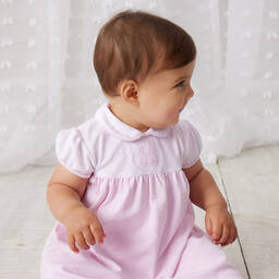 كيسي كيسي-فستان قطن بيما لون زهري وأبيض للمولودات | Childrensalon Outlet