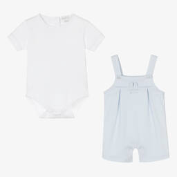 كيسي كيسي-طقم أوفرول قطن بيما لون أبيض وأزرق للمواليد | Childrensalon Outlet