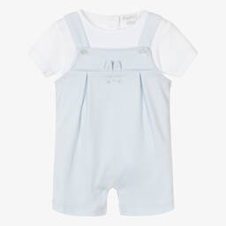 كيسي كيسي-طقم أوفرول قطن بيما لون أبيض وأزرق للمواليد | Childrensalon Outlet