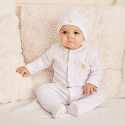 Kissy Kissy-طقم أفرول بيبي غرو وقبعة قطن بيما لون أبيض | Childrensalon Outlet