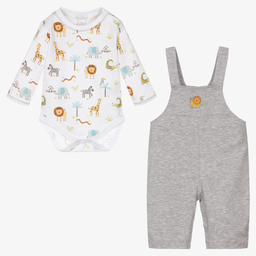 Kissy Kissy-طقم دانغريز قطن بيما لون رمادي وأبيض للمواليد | Childrensalon Outlet