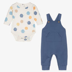 كيسي لاف-طقم دانغريز قطن بيما لون أزرق وعاجي للمواليد | Childrensalon Outlet