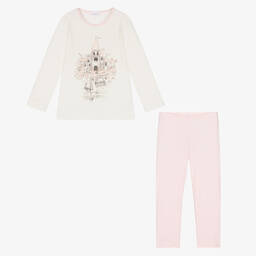 لا بيرلا-بيجاما قطن جيرسي لون زهري وعاجي للبنات | Childrensalon Outlet