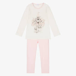 لا بيرلا-بيجاما قطن جيرسي لون زهري وعاجي للبنات | Childrensalon Outlet