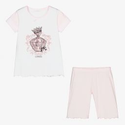 لا بيرلا-بيجاما شورت قطن لون أبيض زهري للبنات | Childrensalon Outlet