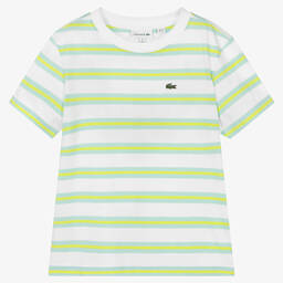 Lacoste-Teen Boys White & Green Striped Cotton T-Shirt | Childrensalon Outlet