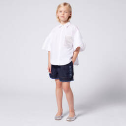 Lanvin-شورت جينز أزرق بحواف ممزقة للبنات | Childrensalon Outlet