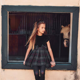 لابين هاوس-فستان قطن مخمل وتارتان لون كحلي وأخضر | Childrensalon Outlet