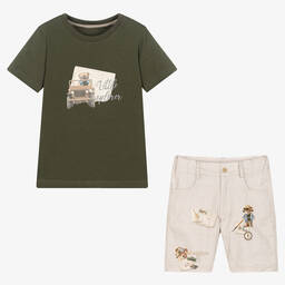 Lapin House-Boys Green & Beige Cotton Shorts Set | Childrensalon Outlet