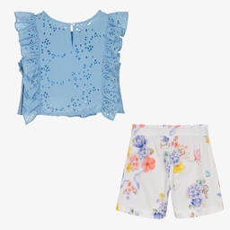Lapin House-Girls Blue Broderie Cotton Shorts Set | Childrensalon Outlet