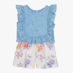 Lapin House-Girls Blue Broderie Cotton Shorts Set | Childrensalon Outlet