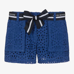 Lapin House-Girls Blue Cotton Broderie Anglaise Shorts | Childrensalon Outlet