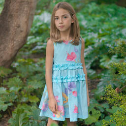 Lapin House-Голубое хлопковое платье с цветами | Childrensalon Outlet