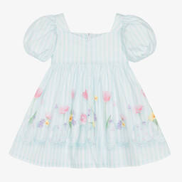 Lapin House-فستان قطن بوبلين مقلم لون أزرق تركواز بطبعة ورود | Childrensalon Outlet