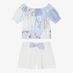 Lapin House-Girls Blue & White Cotton Shorts Set | Childrensalon Outlet