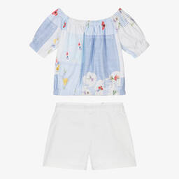 Lapin House-Girls Blue & White Cotton Shorts Set | Childrensalon Outlet