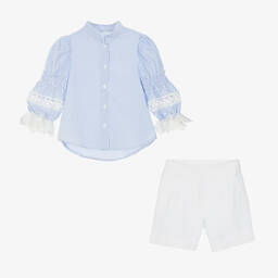 Lapin House-Girls Blue & White Linen Shorts Set | Childrensalon Outlet