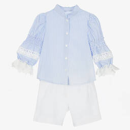 Lapin House-Girls Blue & White Linen Shorts Set | Childrensalon Outlet