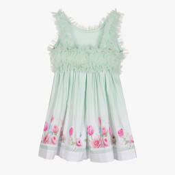 Lapin House-Girls Green Tulle & Striped Floral Dress | Childrensalon Outlet