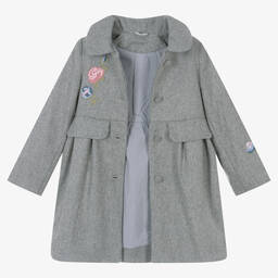 Lapin House-Girls Grey Embroidered Wool Coat | Childrensalon Outlet