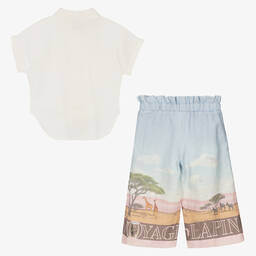 Lapin House-طقم بنطلون قطن وكتان لون عاجي وأزرق للبنات | Childrensalon Outlet