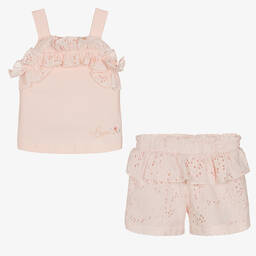 Lapin House-Girls Pink Broderie Cotton Shorts Set | Childrensalon Outlet