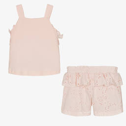 Lapin House-Girls Pink Broderie Cotton Shorts Set | Childrensalon Outlet