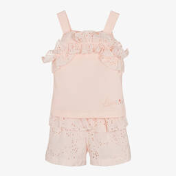 Lapin House-Girls Pink Broderie Cotton Shorts Set | Childrensalon Outlet