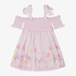 Lapin House-Girls Pink Cotton Floral & Stripe Dress | Childrensalon Outlet