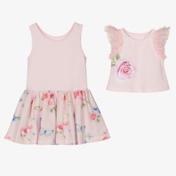 لابين هاوس-طقم فستان مزيج قطن لون زهري باهت بطبعة ورود | Childrensalon Outlet