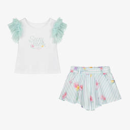 لابين هاوس-طقم شورت قطن جيرسي لون أبيض وأزرق أكوا للبنات | Childrensalon Outlet