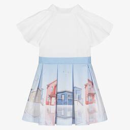Lapin House-Girls White & Blue Beach Hut Print Dress | Childrensalon Outlet