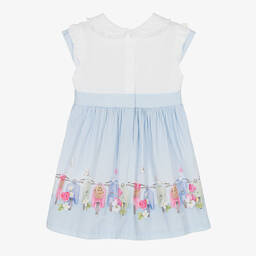 Lapin House-فستان أطفال بناتي قطن بوبلين لون أبيض وأزرق | Childrensalon Outlet