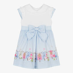 Lapin House-فستان أطفال بناتي قطن بوبلين لون أبيض وأزرق | Childrensalon Outlet