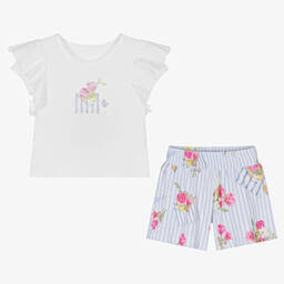 Lapin House-طقم شورت مزيج قطن مقلم لون أبيض وأزرق للبنات | Childrensalon Outlet