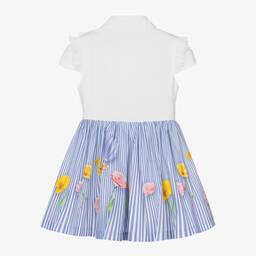 Lapin House-فستان مزيج قطن مقلم لون أبيض وأزرق | Childrensalon Outlet