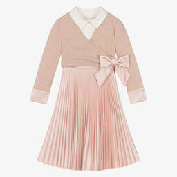 لابين هاوس-طقم فستان بكسرات مزيج قطن لون أبيض وزهري | Childrensalon Outlet