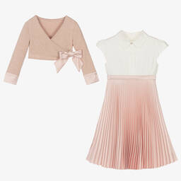 لابين هاوس-طقم فستان بكسرات مزيج قطن لون أبيض وزهري | Childrensalon Outlet