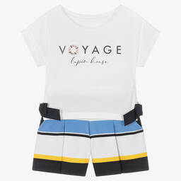 Lapin House-White & Blue Cotton Nautical Shorts Set | Childrensalon Outlet