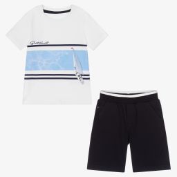 Lapin House-White & Blue Cotton Shorts Set | Childrensalon Outlet