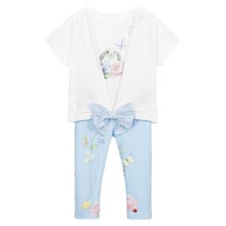 Lapin House-طقم ليغنغز وتوب قطن جيرسي لون أبيض وأزرق للبنات | Childrensalon Outlet